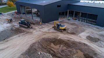 Aerial view of construction site with heavy machinery and partially built structure photo