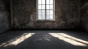 Empty abandoned room with rustic windows and natural light creating a mysterious atmosphere photo