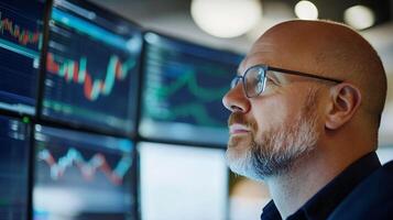 Financial Analyst Monitoring Stock Market Data on Multiple Computer Screens photo