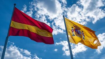 Spanish Flags Waving in the Wind Symbolizing National Heritage and Cultural Pride under Blue Sky photo