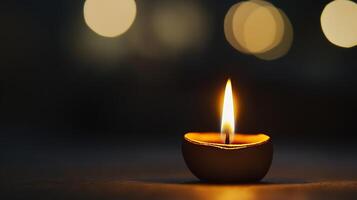 Serene Diya Candle Flame Glowing in Gentle Darkness with Soft Bokeh Lights photo