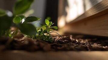 Close-up of green seedlings under sunlight with wooden background in springtime garden setting photo