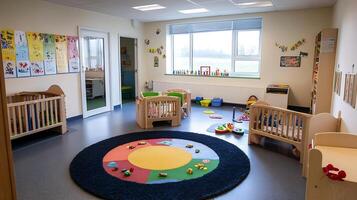 Spacious Kindergarten Classroom with Educational Toys and Play Area for Child Learning Development photo