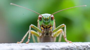 Close Up of a Green Grasshopper with Intricate Features in Outdoor Setting photo