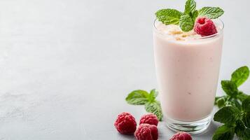 Delicious Raspberry Yogurt Smoothie with Fresh Mint and Raspberries on Top photo