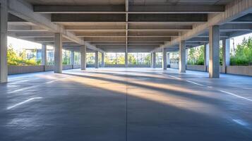 Bright open empty parking garage with sunlight and greenery photo