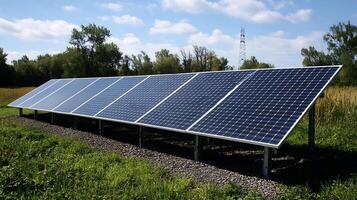 Solar Panel Array in Rural Field Capturing Sustainable Energy on a Sunny Day for Renewable Power Solutions photo