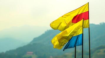 Pair of Flags Positioned on Hill with Misty Mountain View and Soft Overcast Sky photo