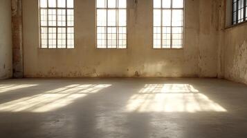 Sunlit Spacious Empty Industrial Room with Large Windows and Rustic Walls photo