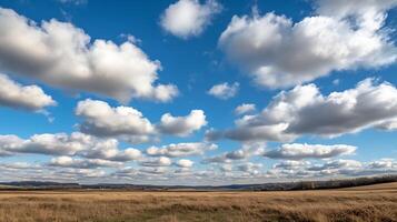 Vast Open Field with Vibrant Blue Sky and Fluffy Clouds on a Sunny Day photo