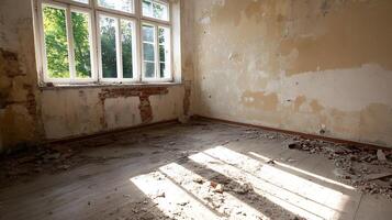 Abandoned Room with Sunlight Filtering Through a Large Window and Peeling Paint Walls photo