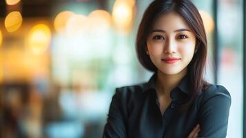 Smiling Businesswoman in Modern Office Setting with Warm Bokeh Lighting for Professional Use photo