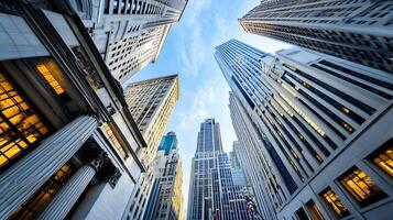 Skyward View of Modern Skyscrapers Under a Blue Sky in a Busy Financial District photo