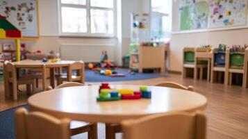 Bright and Colorful Kindergarten Classroom with Playful Learning Environment photo