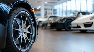 Luxury car showroom with sleek modern vehicles emphasizing high performance and design excellence photo