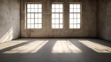 Rustic Empty Room with Large Sunlit Windows and Textured walls photo
