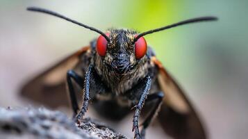 Macro View of Red-Eyed Insect with Intricate Wing Patterns in Natural Setting photo