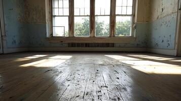 Sunlit Abandoned Room with Wooden Floor and Large Windows in Tattered Building photo