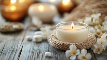 Ambient Candlelight with Soft Florals Creating a Relaxing Atmosphere photo