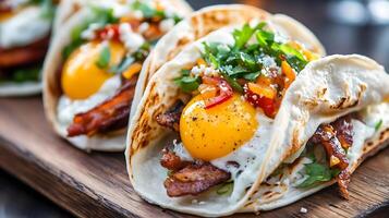 Delicious Breakfast Tacos with Runny Egg Yolks and Fresh Herbs on Soft Tortillas photo