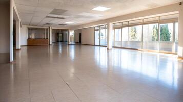 Spacious Empty Room with Large Windows and Natural Light Perfect for Office or Event Use photo