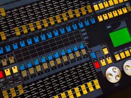 Closeup of the sound mixing console on stage. Audio Amplifier Console photo