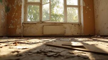 Abandoned Room with Peeling Paint and Sunlight Streaming Through Open Window photo
