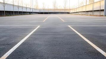 Empty Modern Parking Lot with Asphalt Surface and White Guiding Lines on Bright Day photo