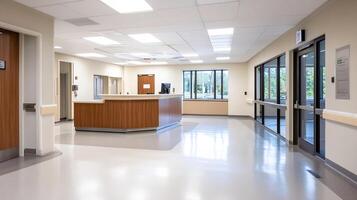 Modern Hospital Reception Area with Bright Lighting and Open Space photo