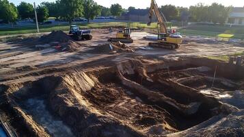Aerial View of Construction Dig Site with Multiple Excavators and Trucks for Urban Development photo