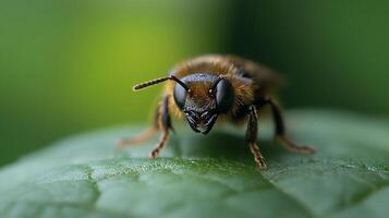 Macro Shot of a Bee on a Leaf with Soft Focus and Lush Green Background photo