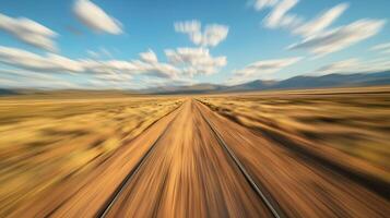 Motion Blur of Railroad Tracks in Vast Open Desert Landscape photo