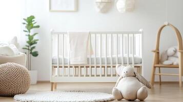 Elegant Nursery Setting with Soft Plush Bunny and Stylish Baby Furniture Arrangement photo