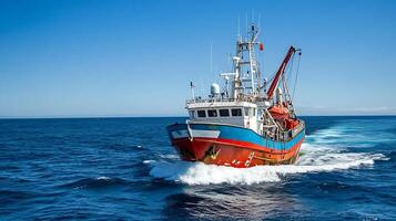 Red Fishing Trawler on Open Ocean with Clear Sky and Gentle Wake photo