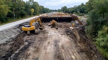Bridge Construction Site with Excavators and Steel Framework Progressing Infrastructure Development and Road Projects photo