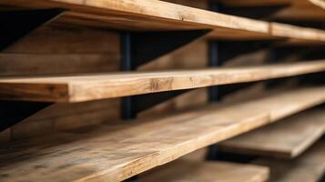 Wooden shelves with natural grain texture in modern interior setting photo