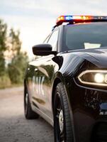 Front view of a police car with headlights on at sunset in a desolate area photo