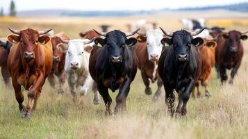 Herd of Cows Grazing in Open Field on a Sunny Day with Blue Sky and Natural Scenery photo