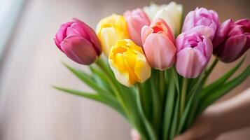 Vibrant Spring Bouquet of Multicolored Tulips Held in Hand Symbolizing Joy and New Beginnings photo