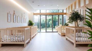 Modern Bright Nursery Interior with Rows of Cribs and Natural Light Through Large Windows photo