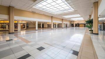 Spacious Empty Shopping Mall Corridor with Modern Interiors and Skylight Ceiling photo