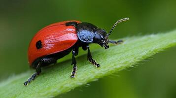 Red and Black Beetle Perched on Leaf Showcasing Striking Colors and Patterns photo