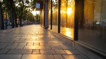 Sunset Reflections on Quiet Urban Street with Empty Sidewalks and Trees photo