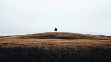 Solitary Tree on Rolling Hills Prairie Under Overcast Skies in Serene Landscape photo