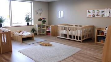 Modern nursery design with wooden furniture and bright natural light creating a warm and inviting space photo