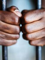 Close up of clenched hands gripping prison bars symbolizing confinement and struggle photo