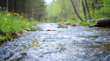 Tranquil forest stream flowing through lush greenery and wildflowers on a serene spring day photo