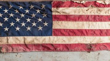 Weathered American flag waving gently in nostalgic rustic setting photo