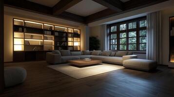 Elegant Living Room with Plush Sofa and Built-in Bookshelves at Twilight photo