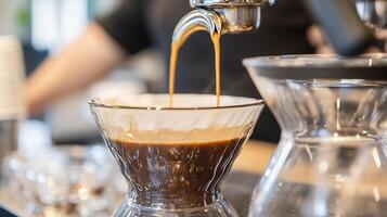 Creamy Espresso Pouring in Transparent Glass Coffee Maker with Rich Aroma and Texture photo